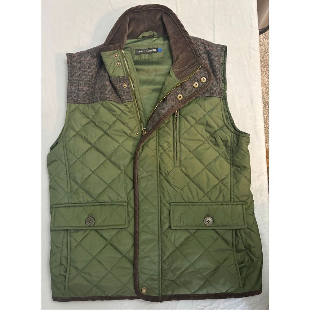 Vince Camuto Vest Men's Small Green Quilted Puffer Wool Trim Gorpcore Full Zip